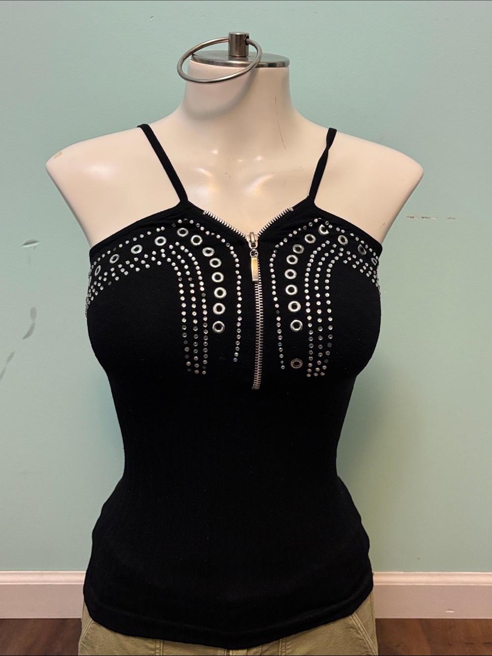Black Zip-Front Studded Cami Top
